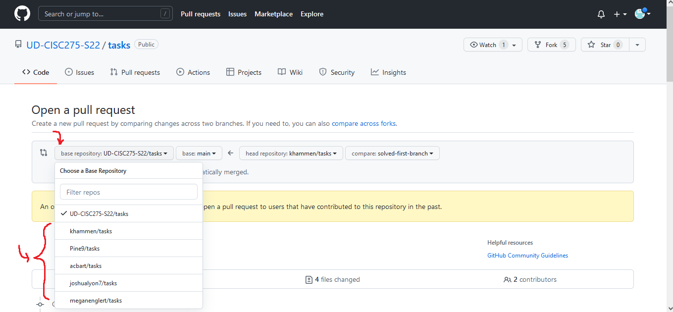 A screenshot of the Pull Request menu on Github